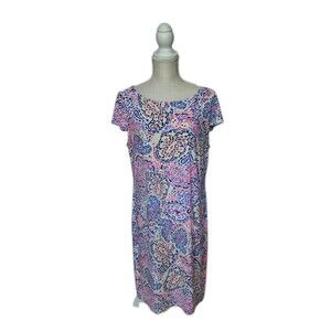 Pappagallo Size L Multicolor Paisley Print Polyester Stretch Dress W/Cap Sleeve